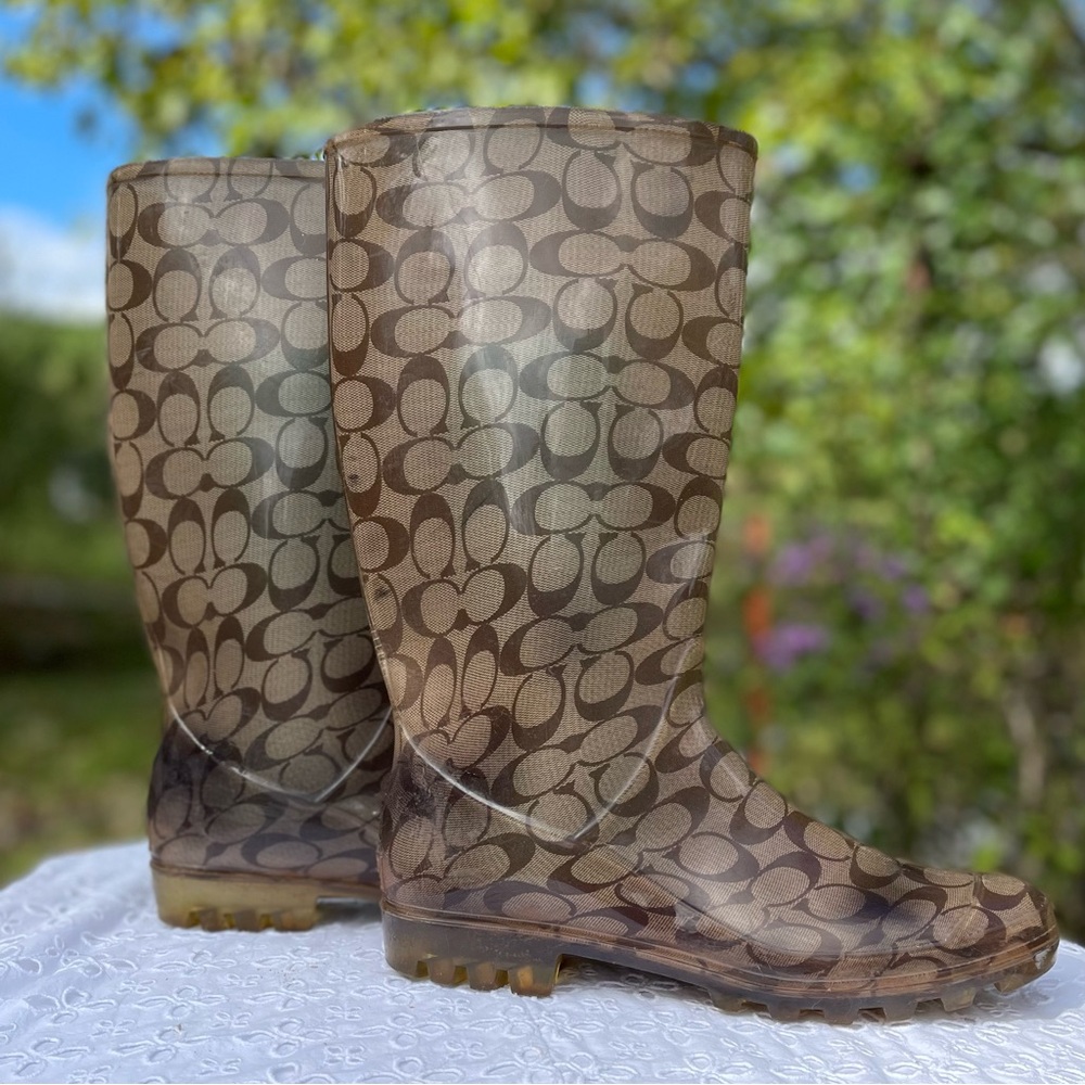 Coach Brand Pixy Women's Sz 12Rubber Pull-On Tall Rain Boots Brown All Over Logo